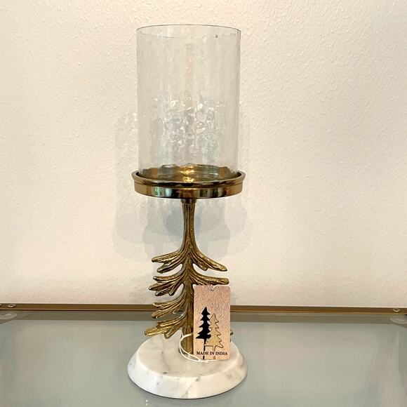 Glass Hurricane w/ Marble Base 14" Gold Metal Christmas Tree Made in India NEW - Picture 8 of 8